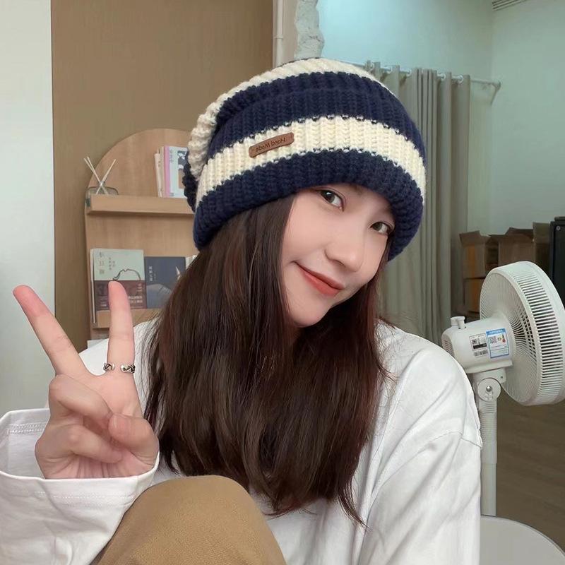 Japanese Striped Letters Small Label Large Version Wool Hat for Women In Autumn and Winter Warm Versatile Big Head Circumference Knit Pile Hat Trend