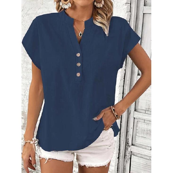T-shirt da donna estiva 2026 nuova, elegante, casual, con bottoni finti, tinta unita, scollo a V