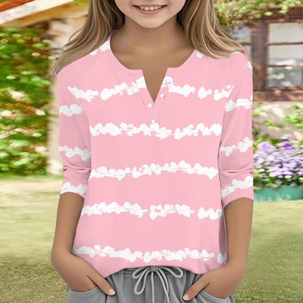 Print Tops For Youth Girls V Neck Button 3/4 Sleeves T-Shirts Trendy Tops Outfit Tees