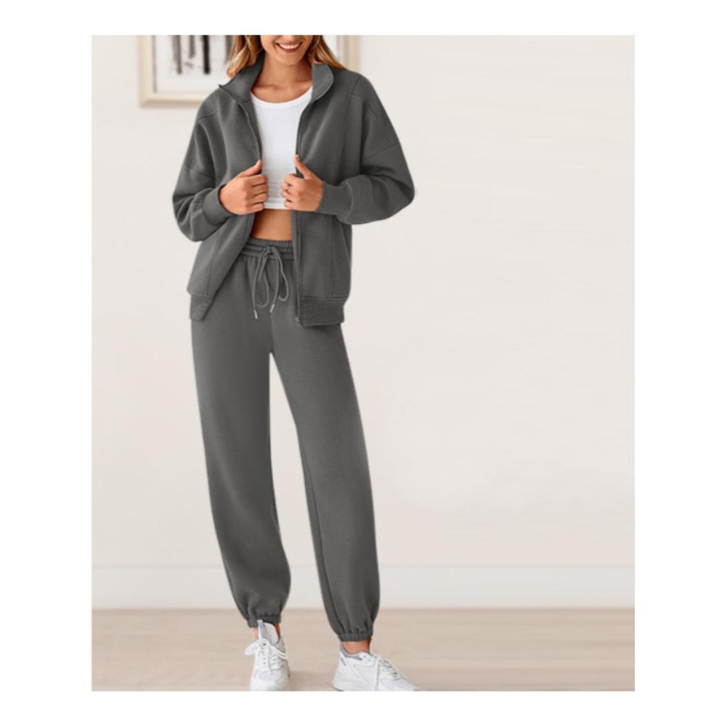 2025 Women's Fleece Sweatshirt Two-Piece Set Casual Zip-Up Loose Fashion Tracksuit