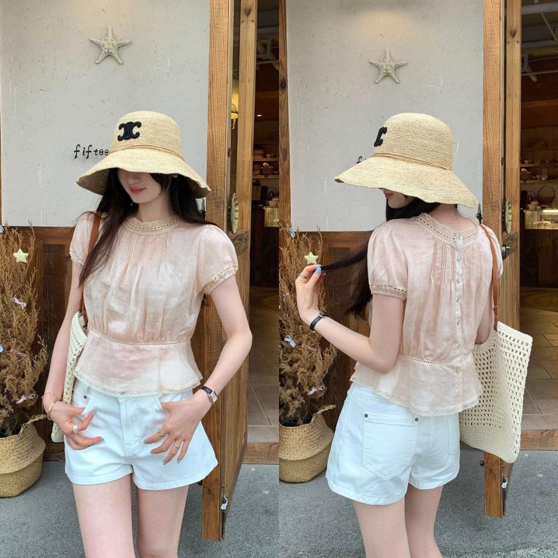 New Lace Spliced Puff Sleeve Chiffon Blouse for Women, Summer Tencel Ramie Short Top