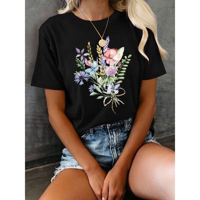 T-shirt da Donna con Stampa Floreale Girocollo Manica Corta Top Casual Quotidiano