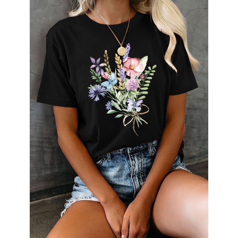 

Womens Floral Print Tee Round Neck Short Sleeve Casual Everyday Top 4XL чорний