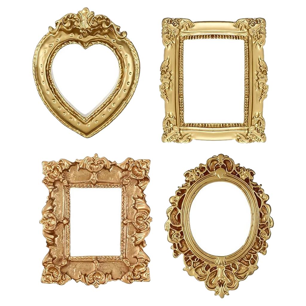 12 PCS Vintage Resin Picture Frame Set 4 Retro Frame Forms Golden Photo Frames for Doll House Decor Jewelry Display