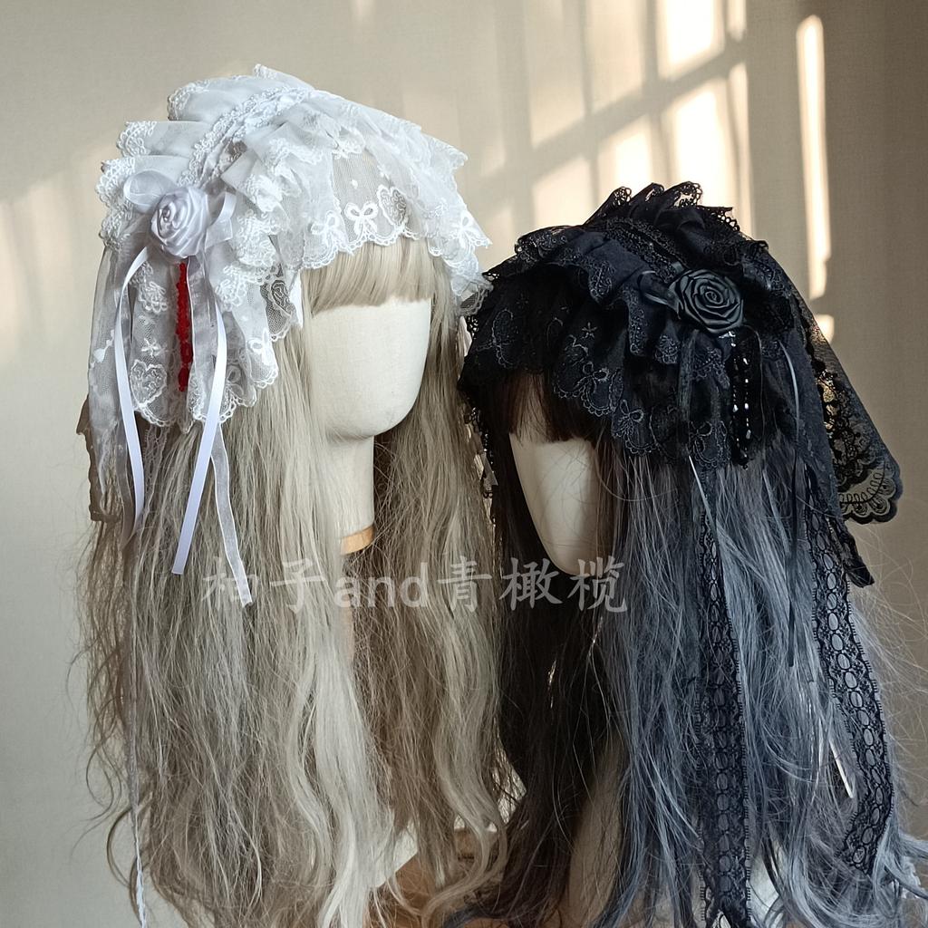 Black and white goth high quality veil lolita headband rose dark veil subculture headdress