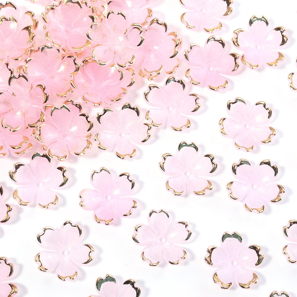 50pcs/lot Colorful Cherry Blossom Acrylic Beads Golden Brushed Patter Petals Charm Connectors For Jewelry Making DIY Acessories