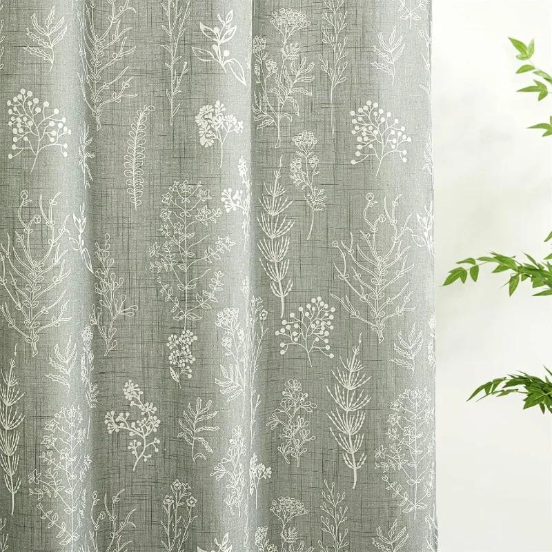 Green Botanical Linen Shower Curtain Extra Long 84 Inches Long, Spring Summer Boho Plants Leaves Textured Fabric Bathroom