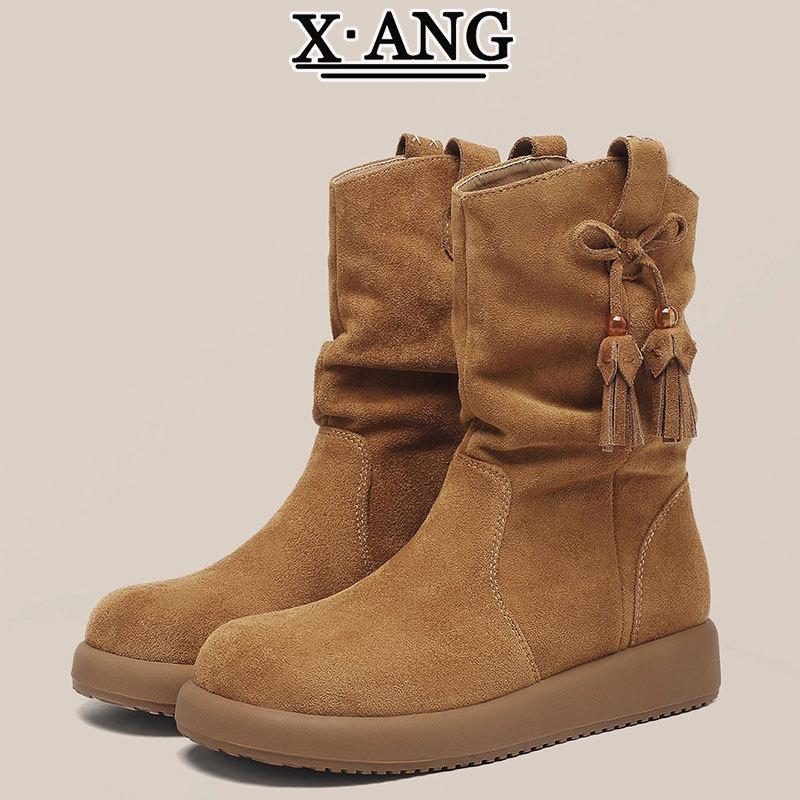 Cowhide Version Brown Boots Women's Medium Boots Pleated Stacking Boots Autumn and Winter New Martin Boots Women's