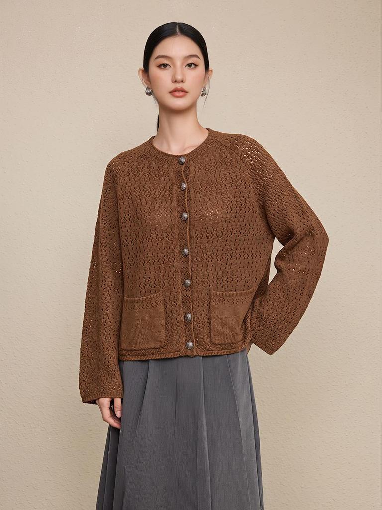 Nanyou Women's Autumn 2026 Round Neck Loose Knit Cardigan - Double Pocket, Hollow Design
