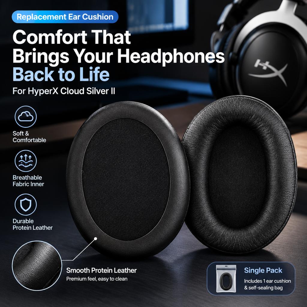 Replacement Ear Cushions for HyperX Cloud Silver II Headphones, Oval Soft Breathable Ear Pads