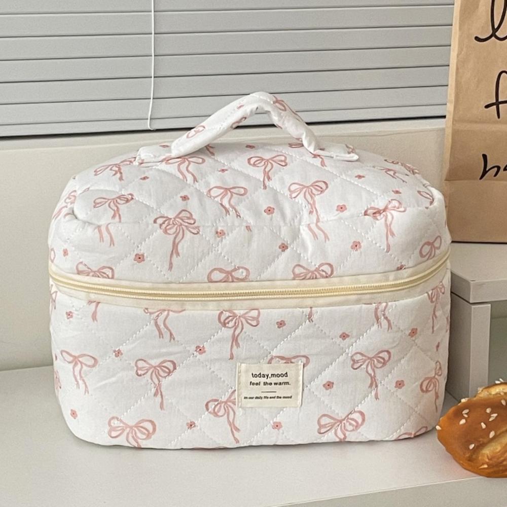 New Korean Style Cosmetic Bag Multi-size Pink Bow Travel Storage Bags Plaid Zipper Stationery Pouch for Women Girls