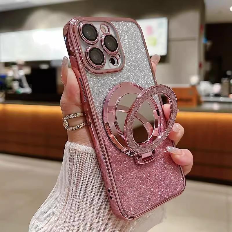 Applicable To Apple 16Pro Magnetic Makeup Mirror Bracket Mobile Phone Case Iphone15 Electroplated Flash Powder 14m Protective Cover