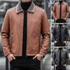 Men Imitation Leather Jacket with Velvet Lining Lapel Long Sleeve Zipper Placket Solid Color Autumn Winter Coat
