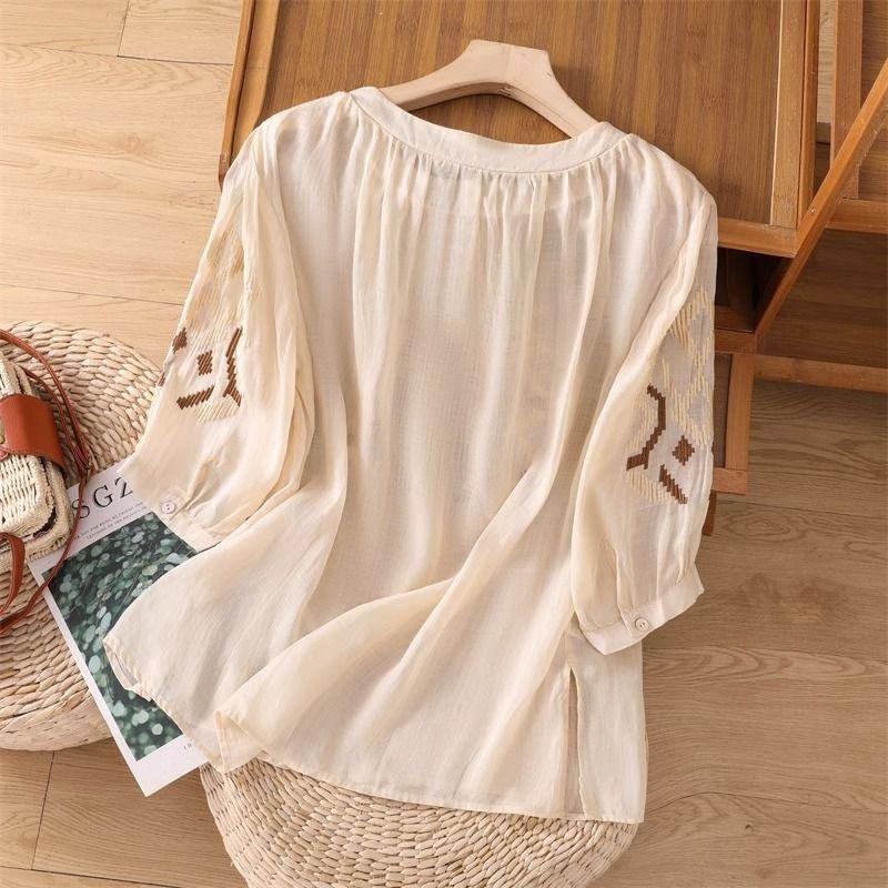 Women Summer Office Lady O-neck Loose Vintage Blouses Cotton Linen Casual Short Sleeve T-Shirt Ladies Embroidered Tops