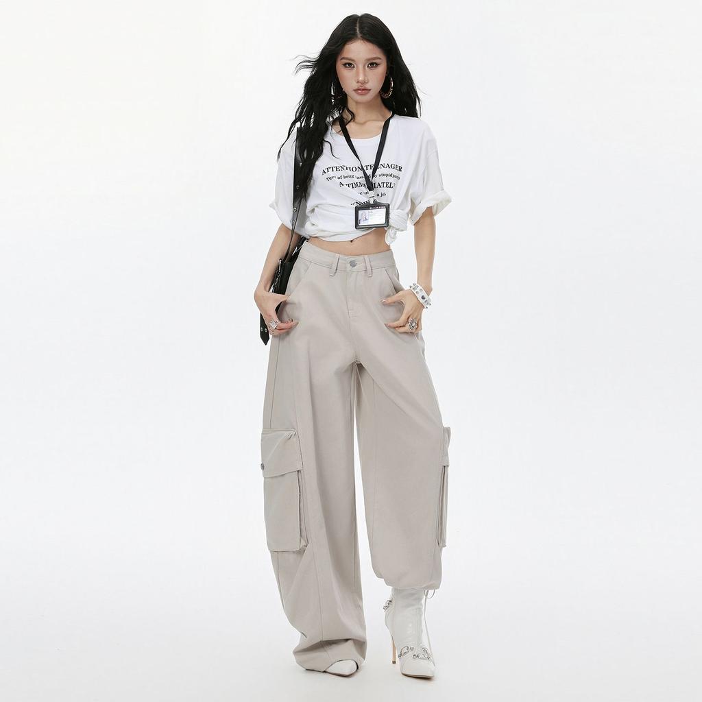 Spring Summer Paris Gray Cool Street Cargo Relaxed Hide Fat Saber Cut Wide Leg Trendy Denim Pants Women Casual Pants Oversize Denim Trousers