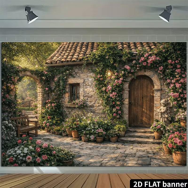 2D Romantic Cottage Backdrop Stone House Blooming Roses Studio Photo Background Cloth