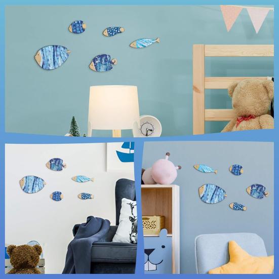 5Pcs/Set Wooden Fish Wall Decoration Farmhouse Rustic Nautical Blue Fish Wall Art Sculpture Home Living Room Bathroom Wall Decorative Sign
