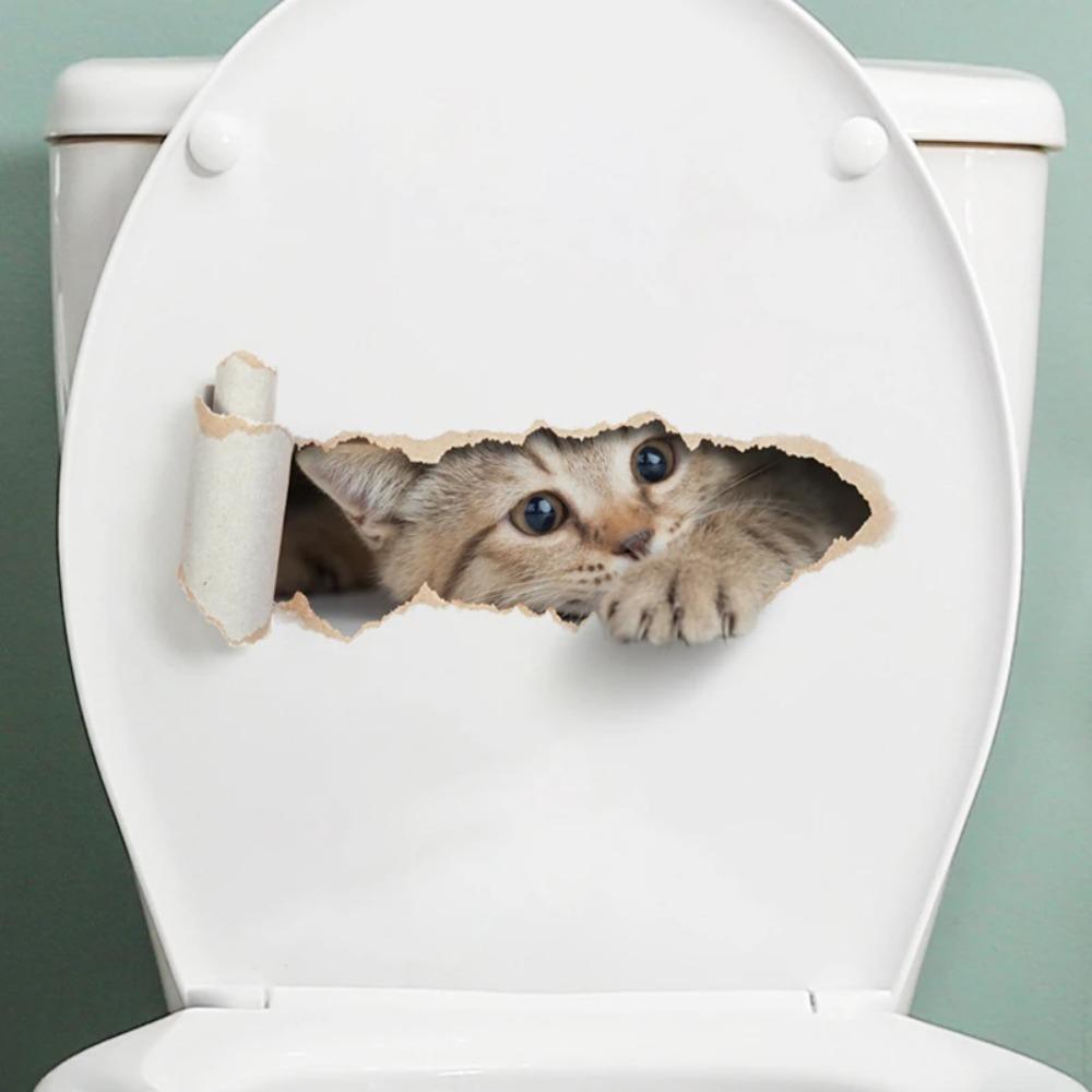 One Piece 3D Torn Peeping Kitten Toilet Sticker Waterproof Self Adhesive Bathroom Seat Decal Funny Decor Wall Sticker Room Decor