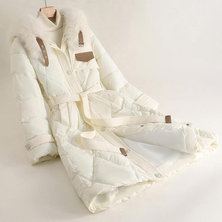 

Элегантная женская зимняя парка с воротником из искусственного меха, поясом, свободного кроя, теплая, больших размеров, длинные пальто 3XL бежевый