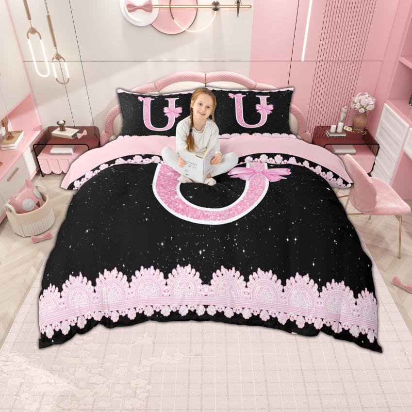 Homewish Personalized Initial M To Z Duvet Cover Set For Girl Black Pink Bedding Set Monogrammed Theme Bedroom Set Room Decor