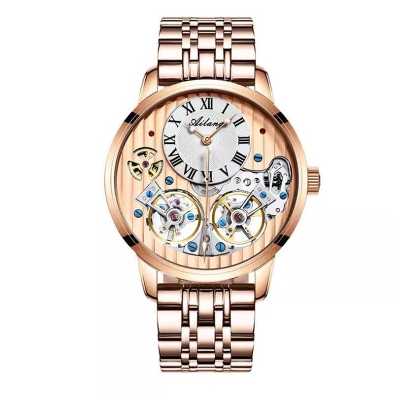 AILANG Orologi da Uomo Nero Doppio Tourbillon Cinturino in Pelle Orologi Meccanici Automatici Tourbillon Volante Impermeabile