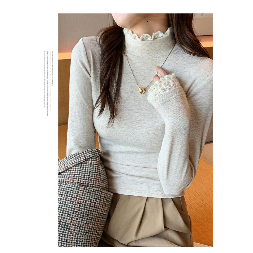Lace Patchwork Half High Neck Base Sweater for Women, Autumn and Winter Thread Slim Fit Sweater, Lace Knit Sweater, Inner Top