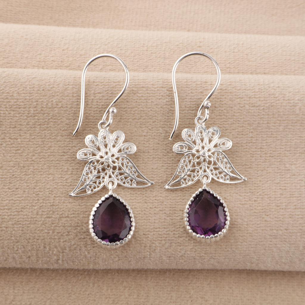 Amethyst Gemstone 925 Sterling Silver Handcrafted Jewelry Dangle Earrings 1.84" Gift For Women CE-23-6