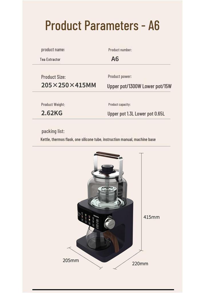Automatic Tea Maker with Heat Preservation, Constant Temperature, Spray Brewing & Water Refill - 1.3L A6 Essence Extraction