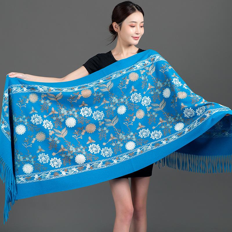 New Winter Shawl Embroider Tassel Women Shawl Thick Warm Cashmere Pashmina Scarves Lady Soft Wrap Bufanda Travel All-Match Scarf