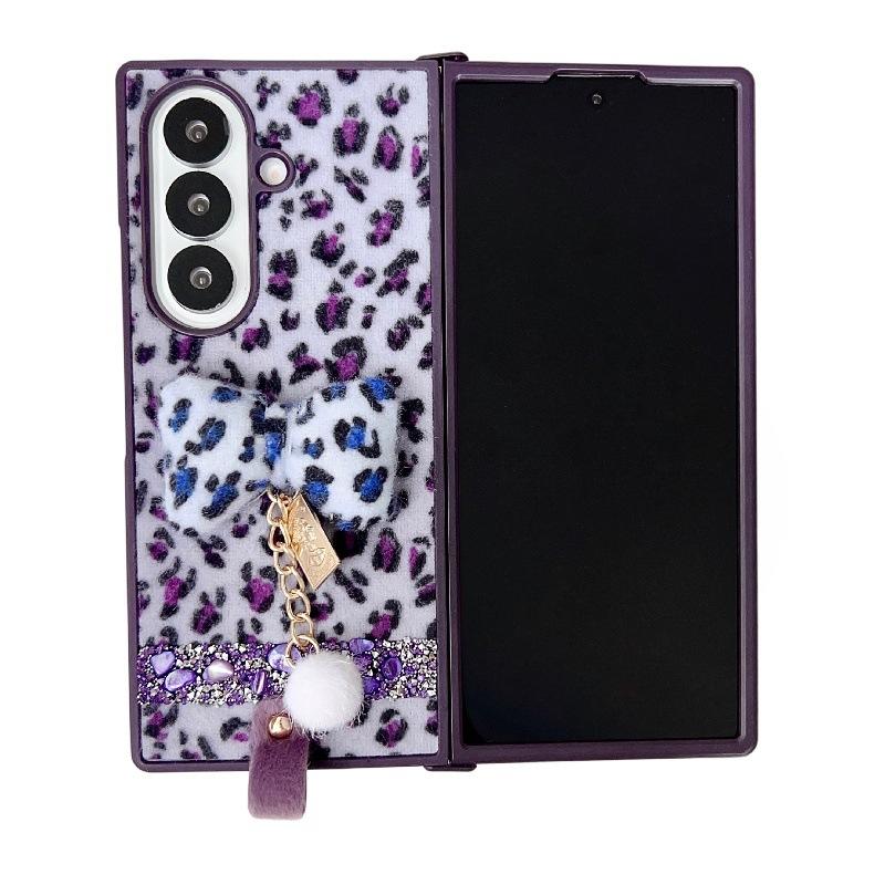 Applicable To Samsung ZFold7 Folding Leopard Print Mobile Phone Case, Bow Plush Hand Rope Zfold6/5 Japanese and Korean Protective Case