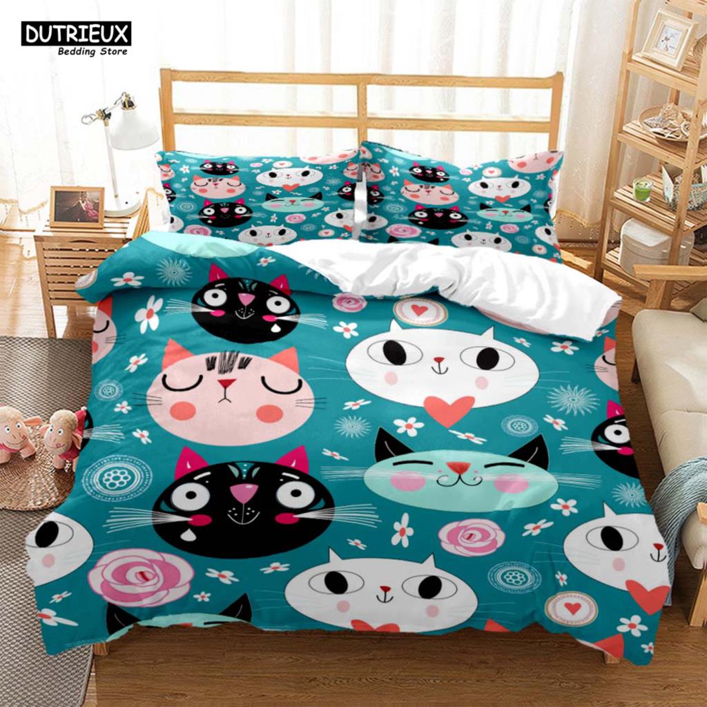 Cute Cat Print Quilt Cover Pillow Cover  Bedding Set Luxury Queen Bedding Set Cute Style Customized  children‘s  Bedding Set