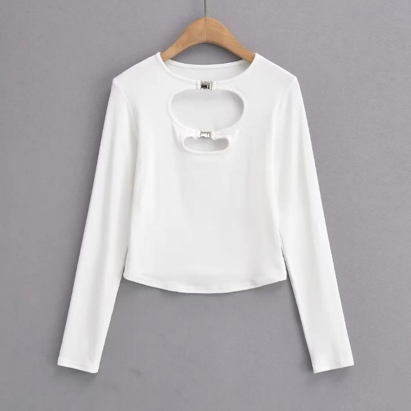 Spring Women's Hollow Round Neck Waist Tight Inner Long Sleeve T-shirt