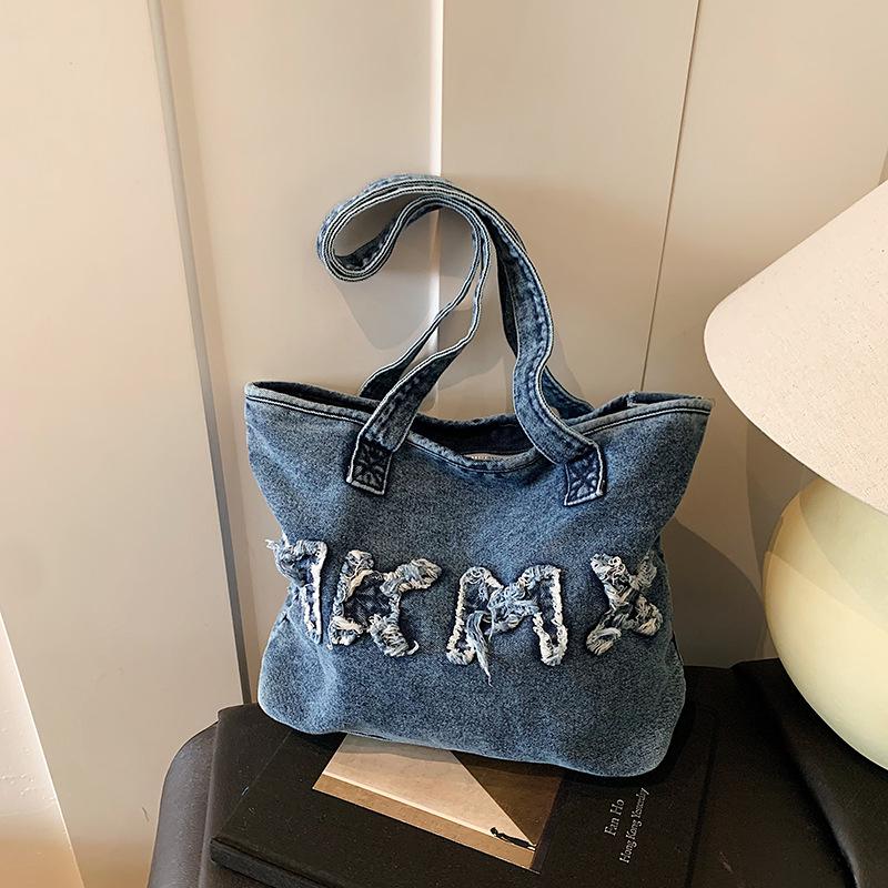 

Новая джинсовая сумка женская ретро выстиранная джинсовая с надписью повседневная сумка-мессенджер модная студенческая сумка-тоут на плечо синий