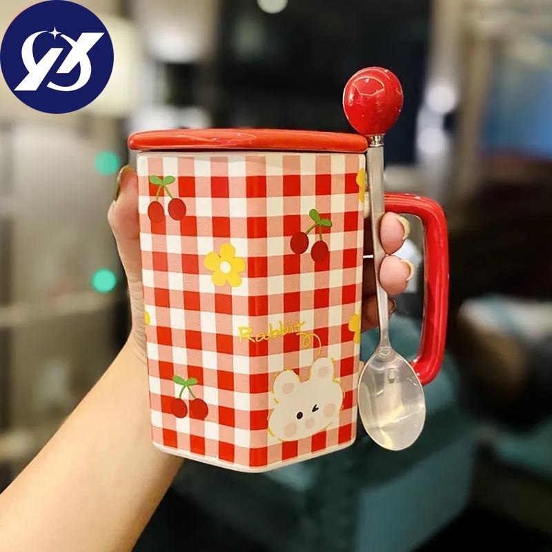 Ins Style Girl Heart Ceramic Mug with Lid Spoon Cute Straw Water Cup Coffee Cup Breakfast Milk Oatmeal Cup