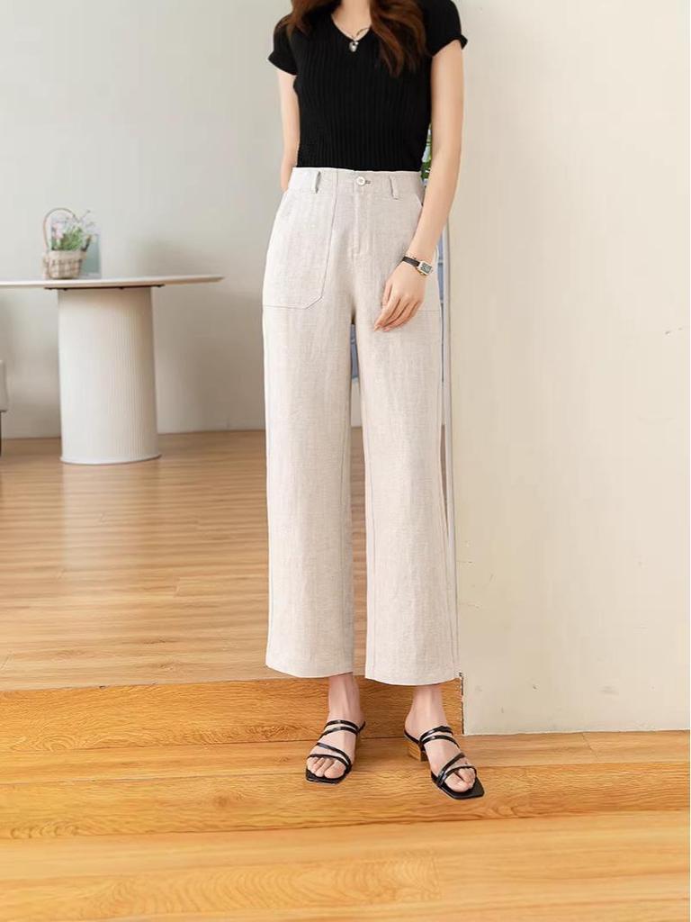 Tencel Leinen Weite Weiße Hose für Damen - Elastischer Bund, Gerade Neun-Punkt Lässig OL Professioneller Stil.