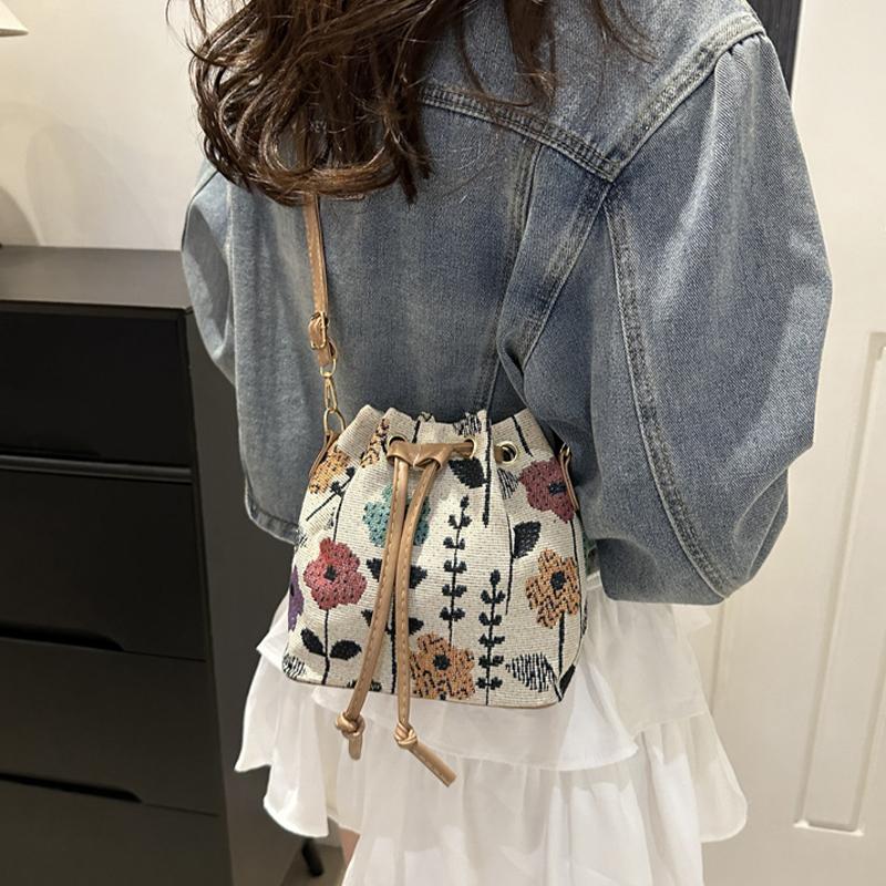 1Pc Women's Floral Ethnic Style Linen Fabric Bucket Bag Crossbody Shoulder Handbag Luxury Designer Fashion Accessories