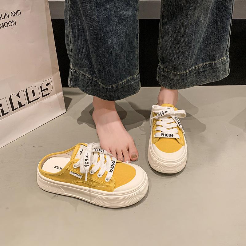 Thick-soled bag head half slippers women's summer wear 2025 new little white shoes pregnant women retro one-pedal lazy shoes