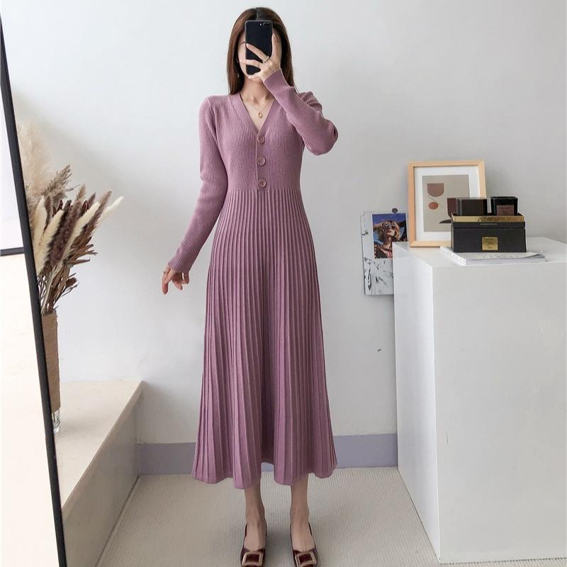 Knitted Dress for Women In Spring Solid Color Casual A-line Long Dress Long-sleeved Casual V-neck Sweater Dress