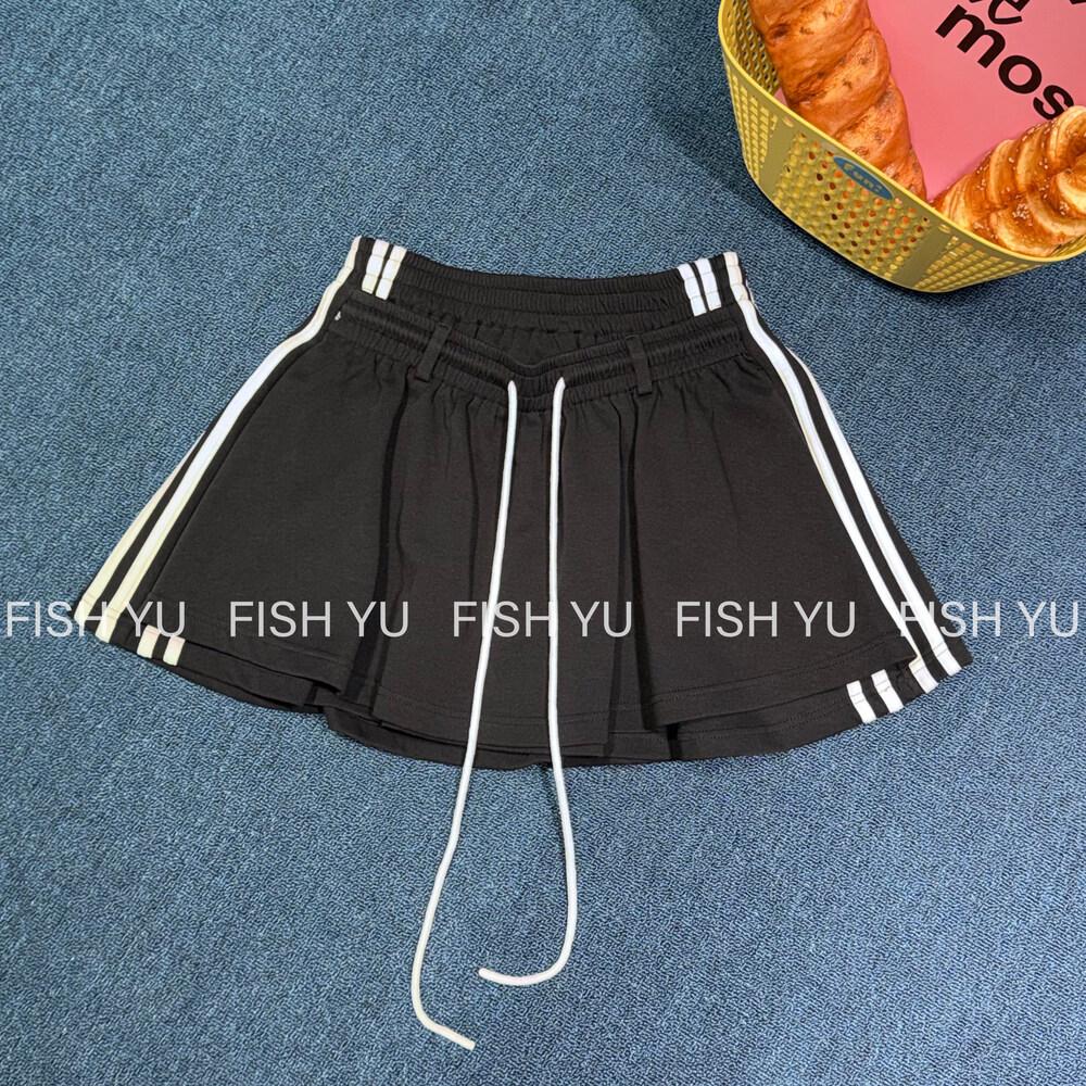 FISHYU Early Spring American Casual Double Waistband Striped Skirt 26012 чёрный/белый