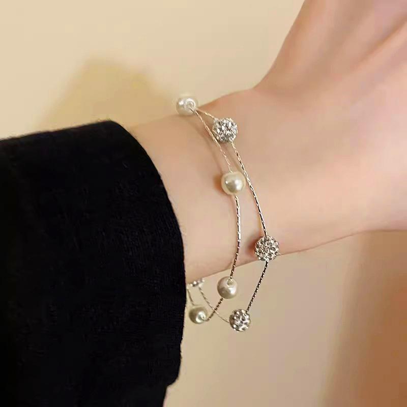Sparkling Rhinestone Ball Pearl Bracelet for Women Minimalist Beads Double-Layer Tassel Bracelet Exquisite Jewelry Party Gifts