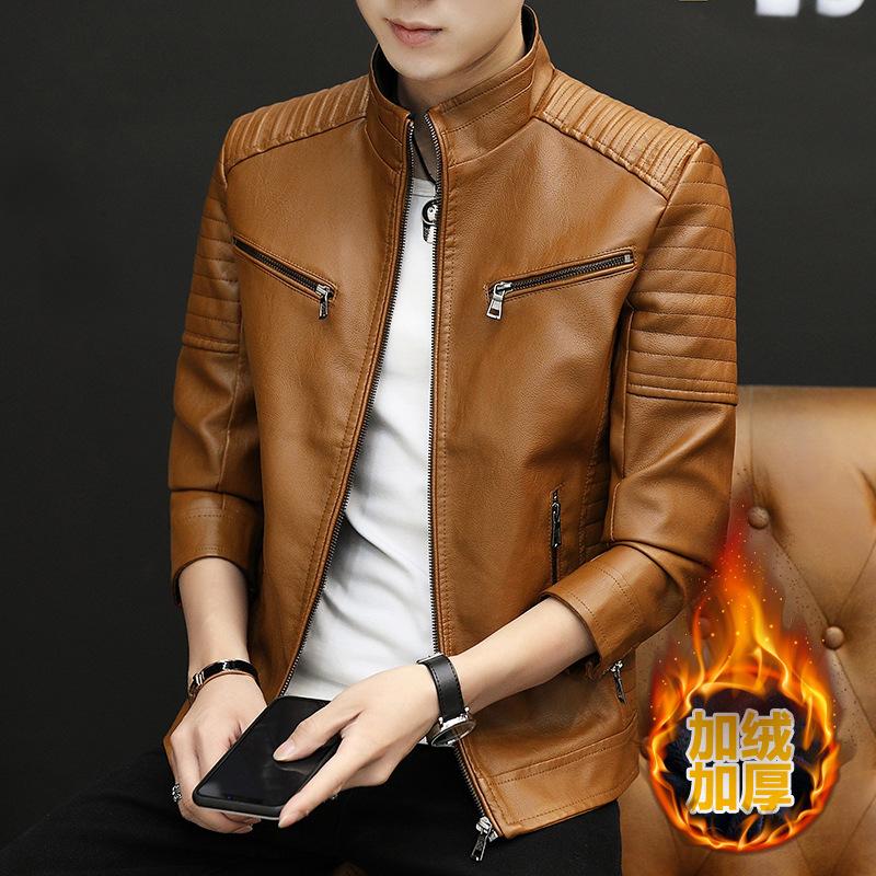 Men's Leather Jacket Autumn and Winter New Stand Collar Men's Jacket Korean Style Slim Trend Motorcycle PU Leather Jacket for Men