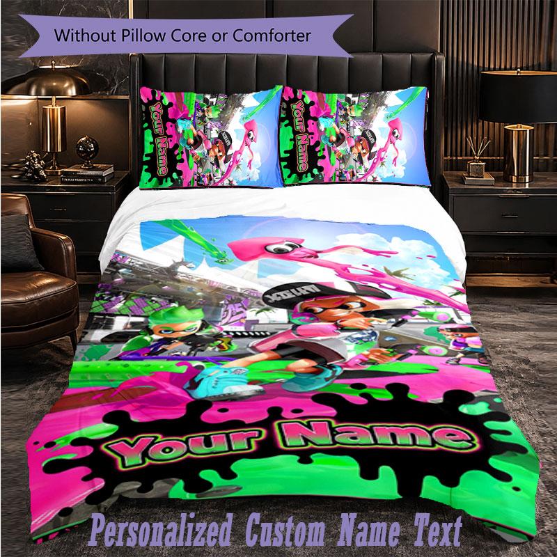 Personalized 3Pcs Bedding SetSplatoon Custom Text Duvet Cover Pillowcase Set Bedroom Gift