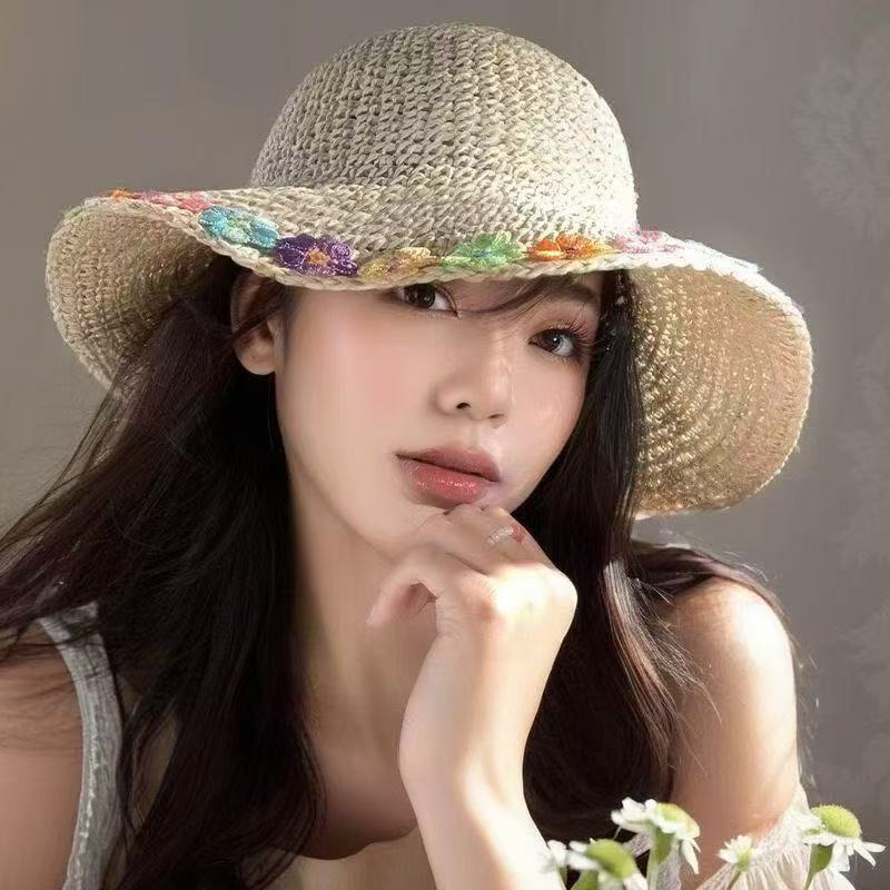 New summer versatile outdoor visor big brim bucket hat portable sunscreen sun hat bow women's hat