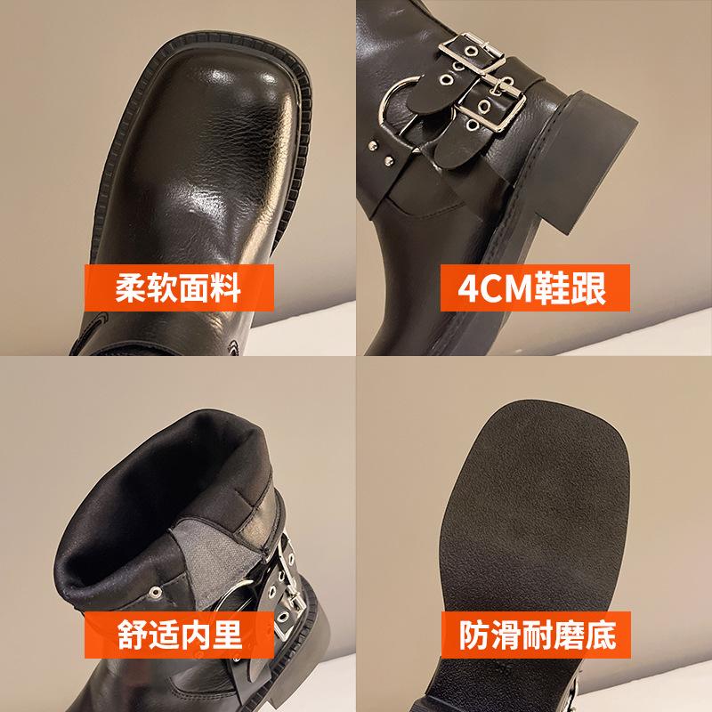 Western-Cowboystiefel mit grobem Absatz für Damen 2024, neue mittelgroße Stiefel im britischen Retro-Stil mit Gürtelschnalle, passend für alle Jahreszeiten