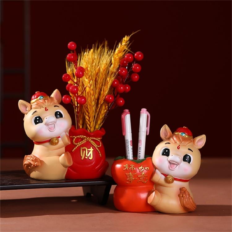 Cartoon Horse Pattern Pen Holders Stationery Holders Chinese New Year Gift Office Home Decoration Resin Pen Organizer