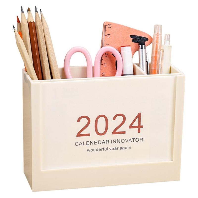 Multifunctional Desk Pencil Holder with 2024 Monthly Calendar, Office Desktop Organizer Pen Holder for Student Teacher
