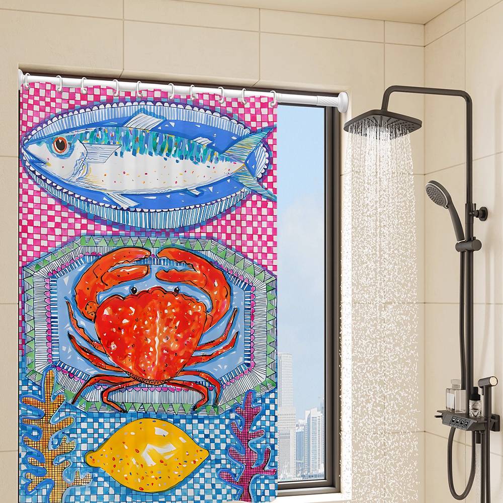 Colorful Sardine Lobster Fish Ocean Bathroom Curtain Classic Anime Fabric Shower Curtain With 12 Hooks Waterproof Bathroom Decor