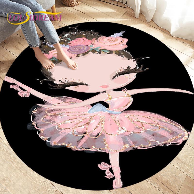 Cute Ballet Girl Ballerina Cartoon Round Area Rug,Carpet for Living Room Bedroom Sofa Playroom Decor,kid Play Non-slip Floor Mat