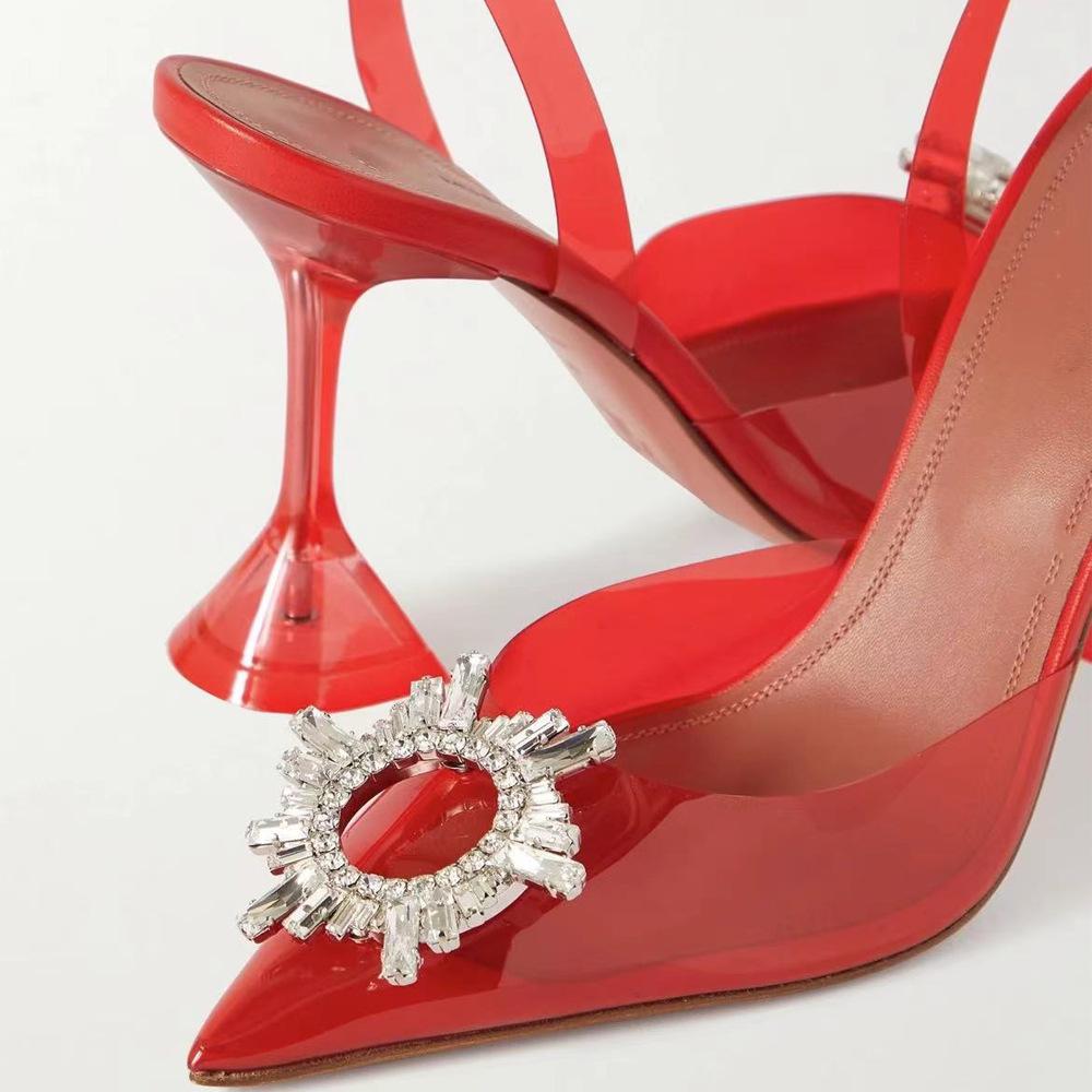 French crystal high heels women's spring rhinestone sun buckle pointed bag head transparent stiletto sandals
