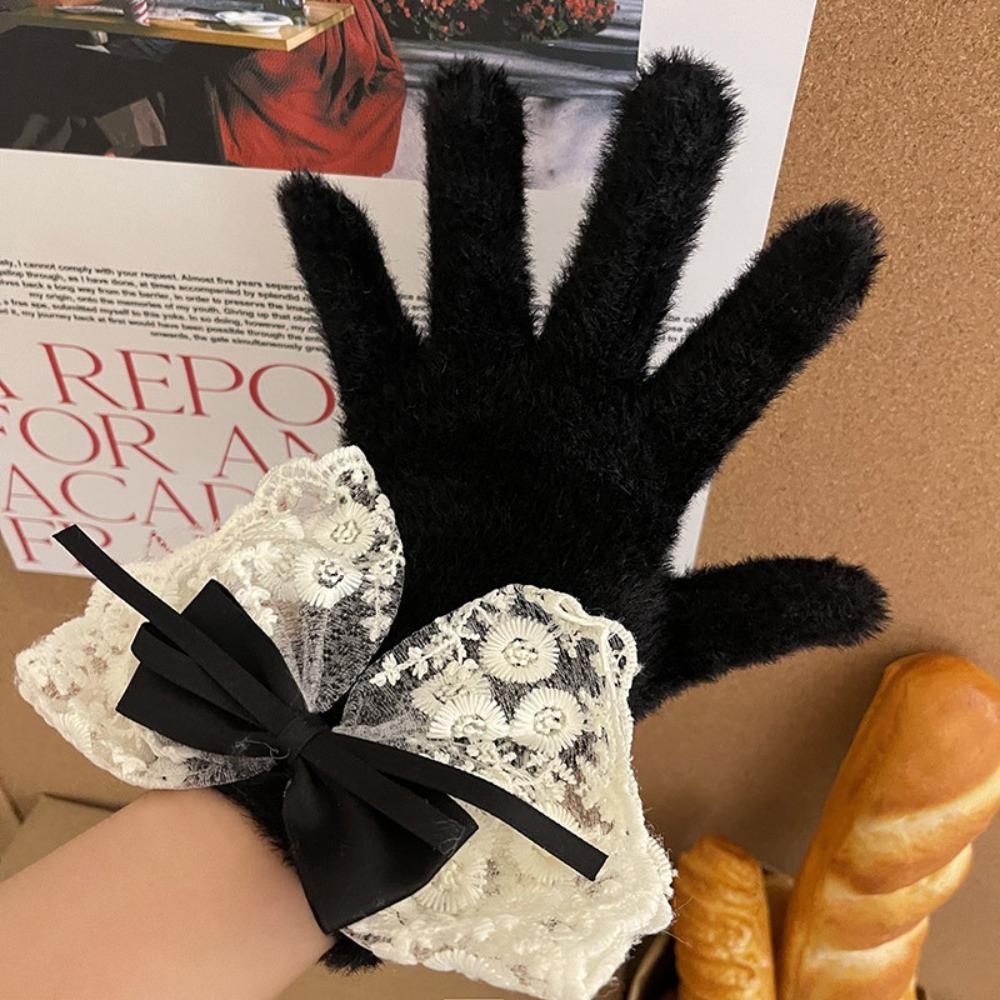 

Acrylic Fibers Thicken Warm Gloves Solid Color Riding Gloves Fashion Bow Plush Gloves